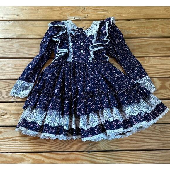 Vintage Mini World Inc Floral Lace Trim Dress Size 4 Girl’s Blue - Picture 1 of 8